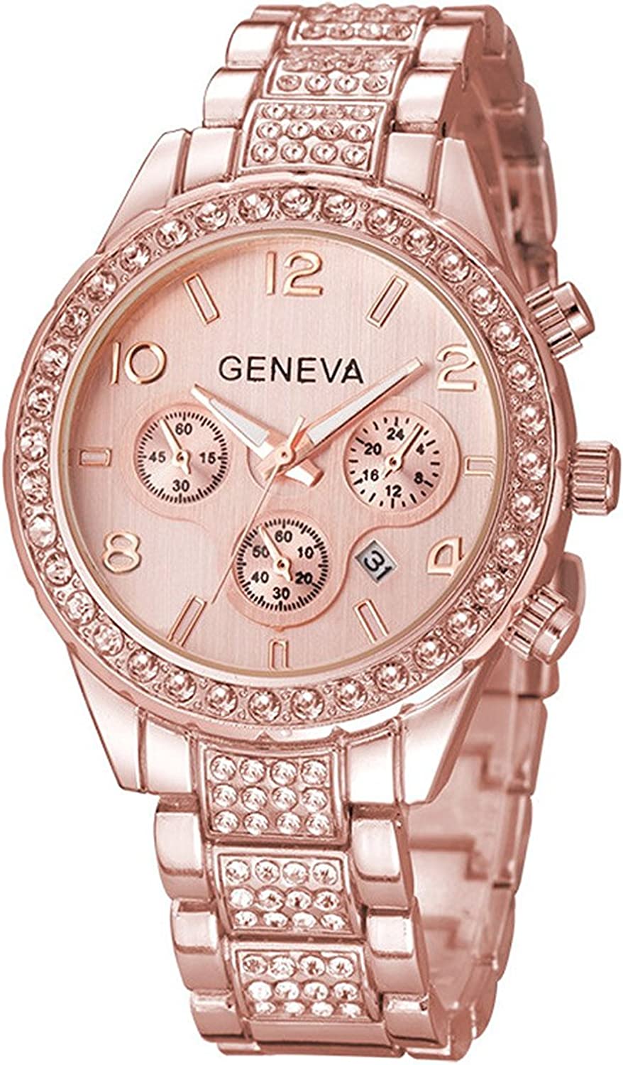 Gosasa Luxury Unisex Crystal Diamond Watches Quartz Digital Calendar Rose Gold Silver Stainless Steel Watch - Image 1